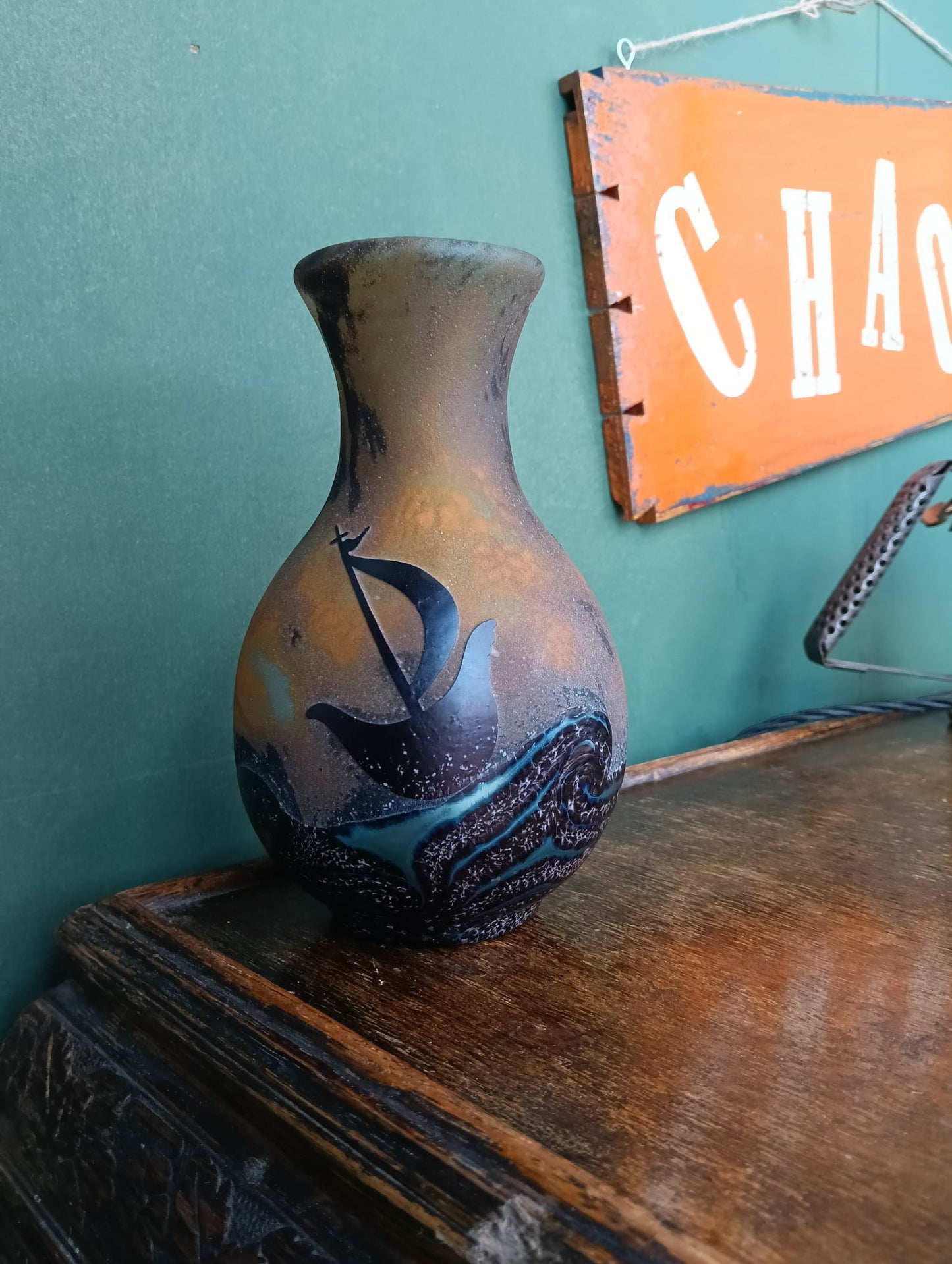 Okra Glass Vase 'Sea Fever' - signed by Sarah Cowan