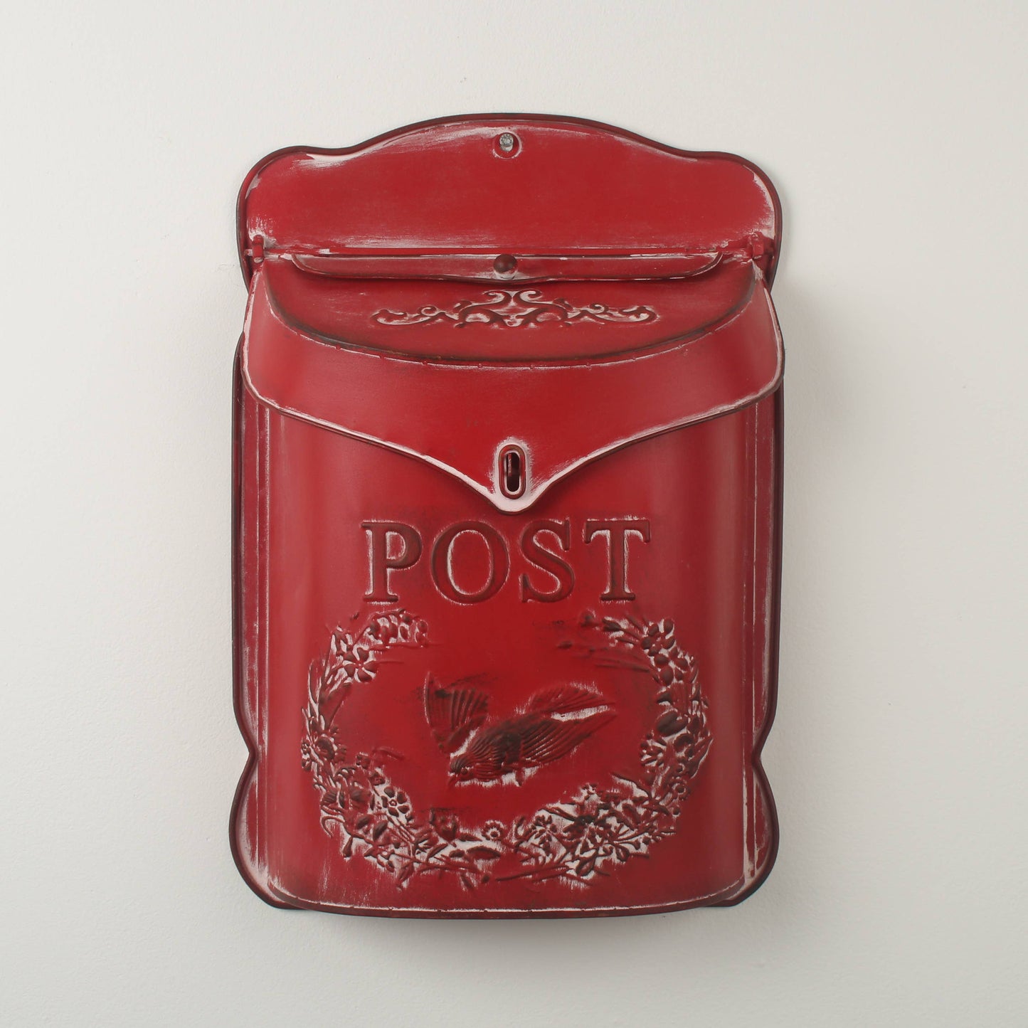 Vintage-Style Wall-Mounted Post Box – Red with Bird & Wreath