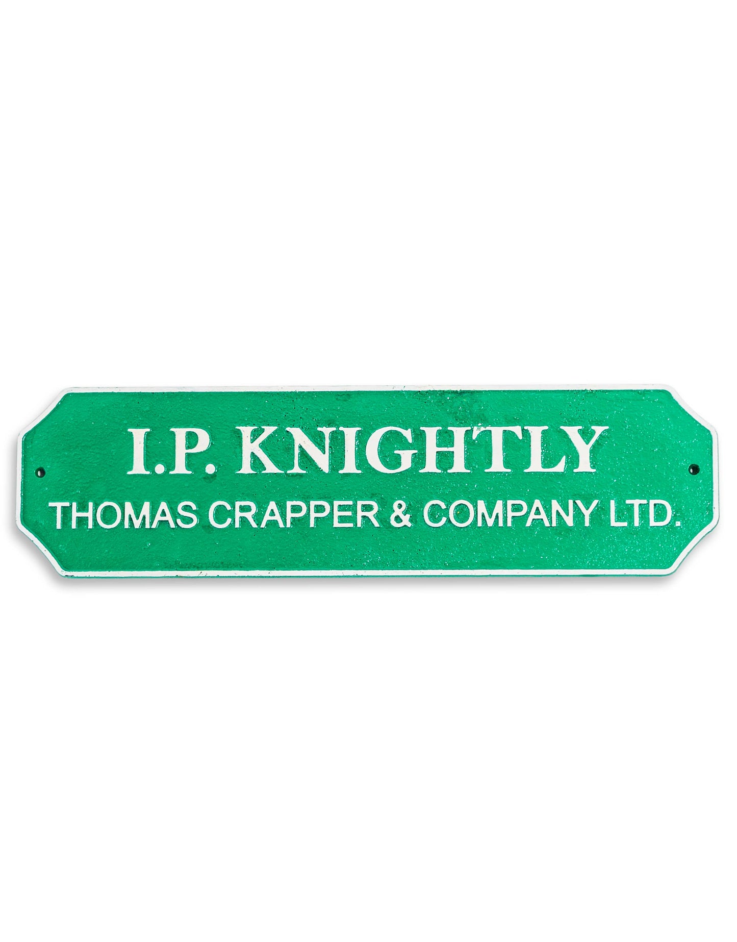 Green and White Cast Iron "I P Knightly" Wall Sign