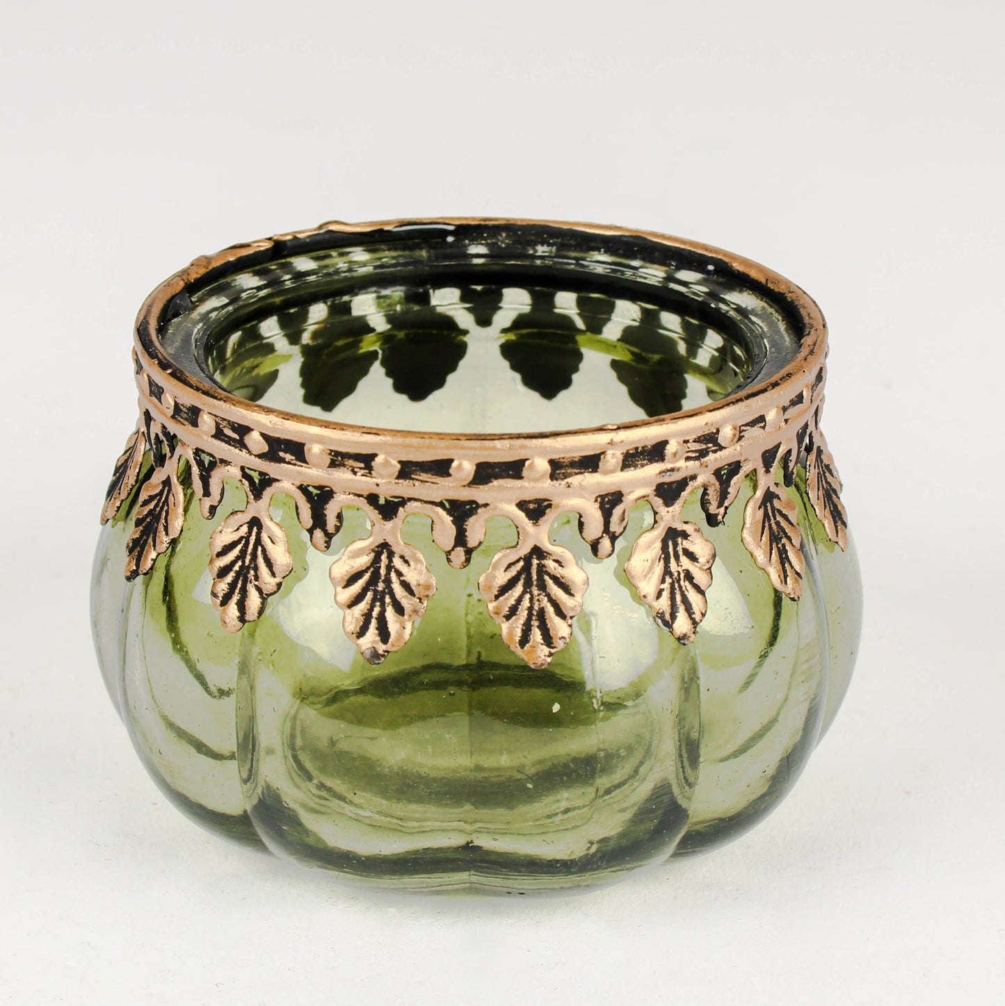 Glass Pumpkin Tea Light Candle Holder Green
