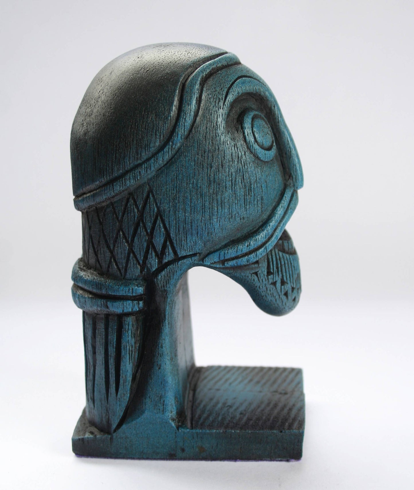 Blue Viking Head Oseberg Cart - Reproduction Norse Pagan Carving.