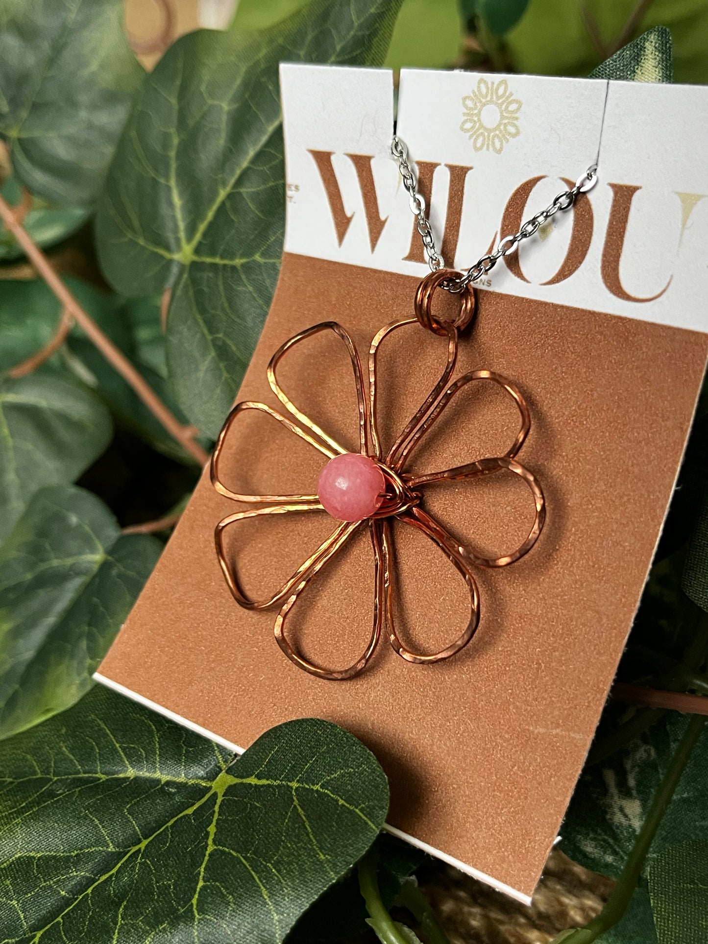 Copper Flower Necklace with Rose Rhodonite by Wilou
