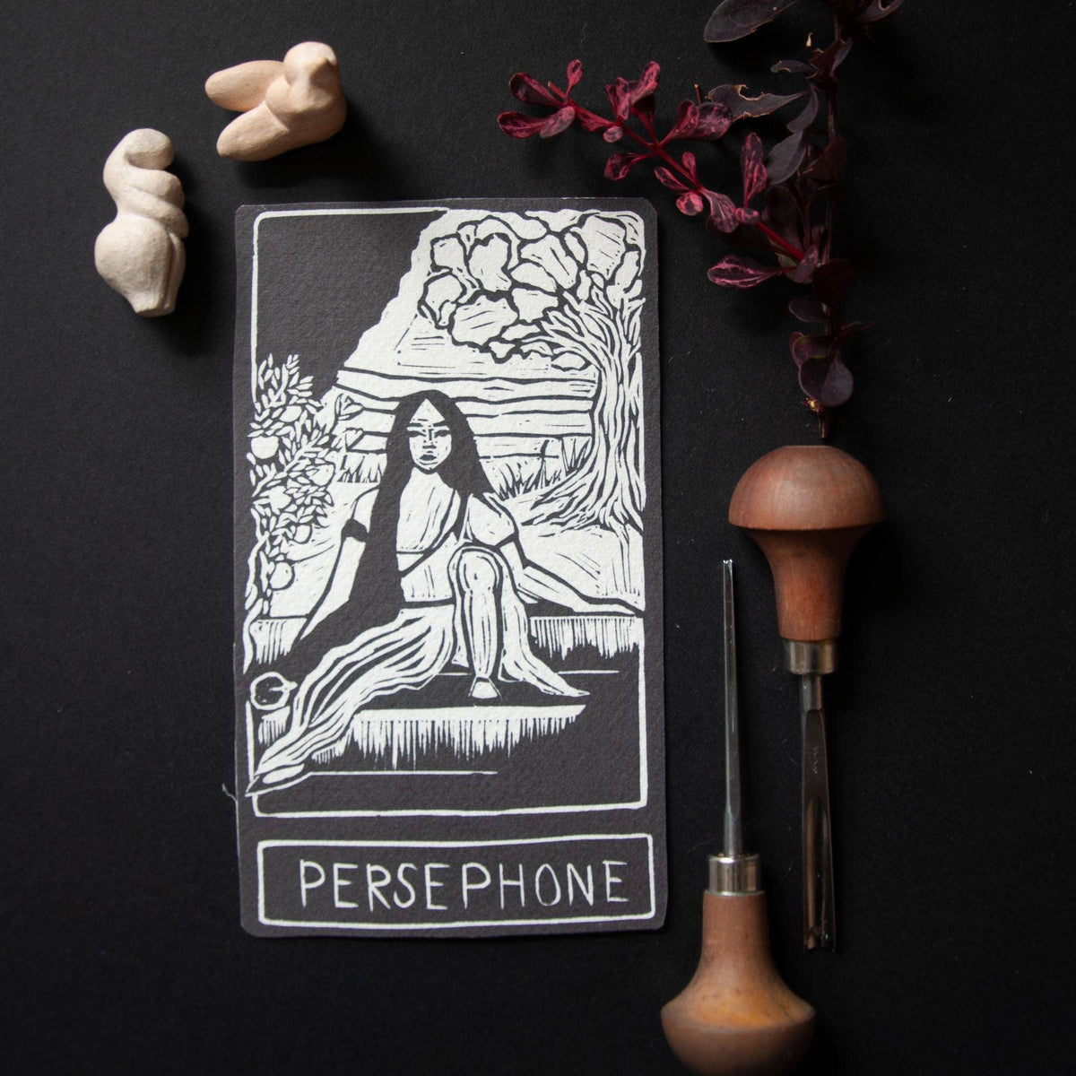 PERSEPHONE  ORACLE ALTAR CARD | Linocut design