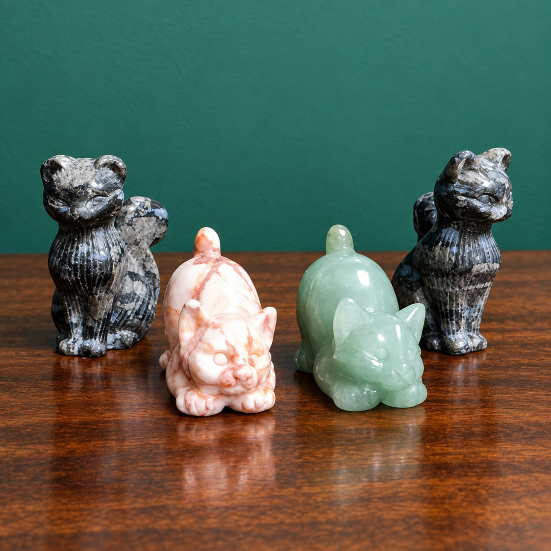 Small Carved Crystal Pouncing Cats by Gaia Soul