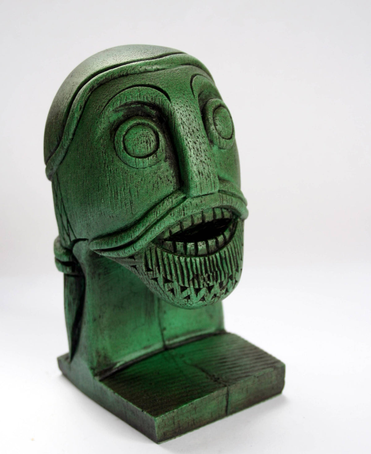 Green Viking Head Oseberg Cart - Reproduction Norse Pagan Carving.