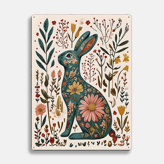 Hare Rabbit Floral scandinavian folk Metal Sign Plaque