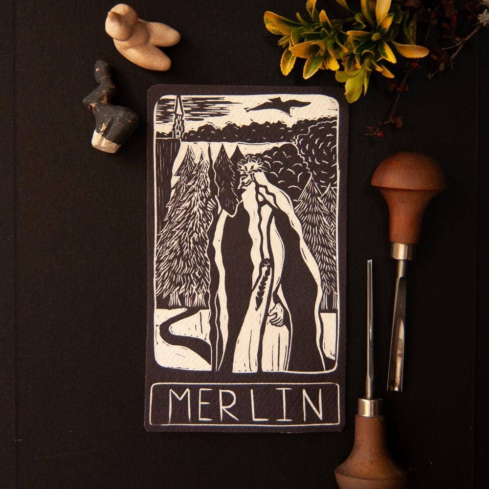 MERLIN ORACLE ALTAR CARD | linocut design