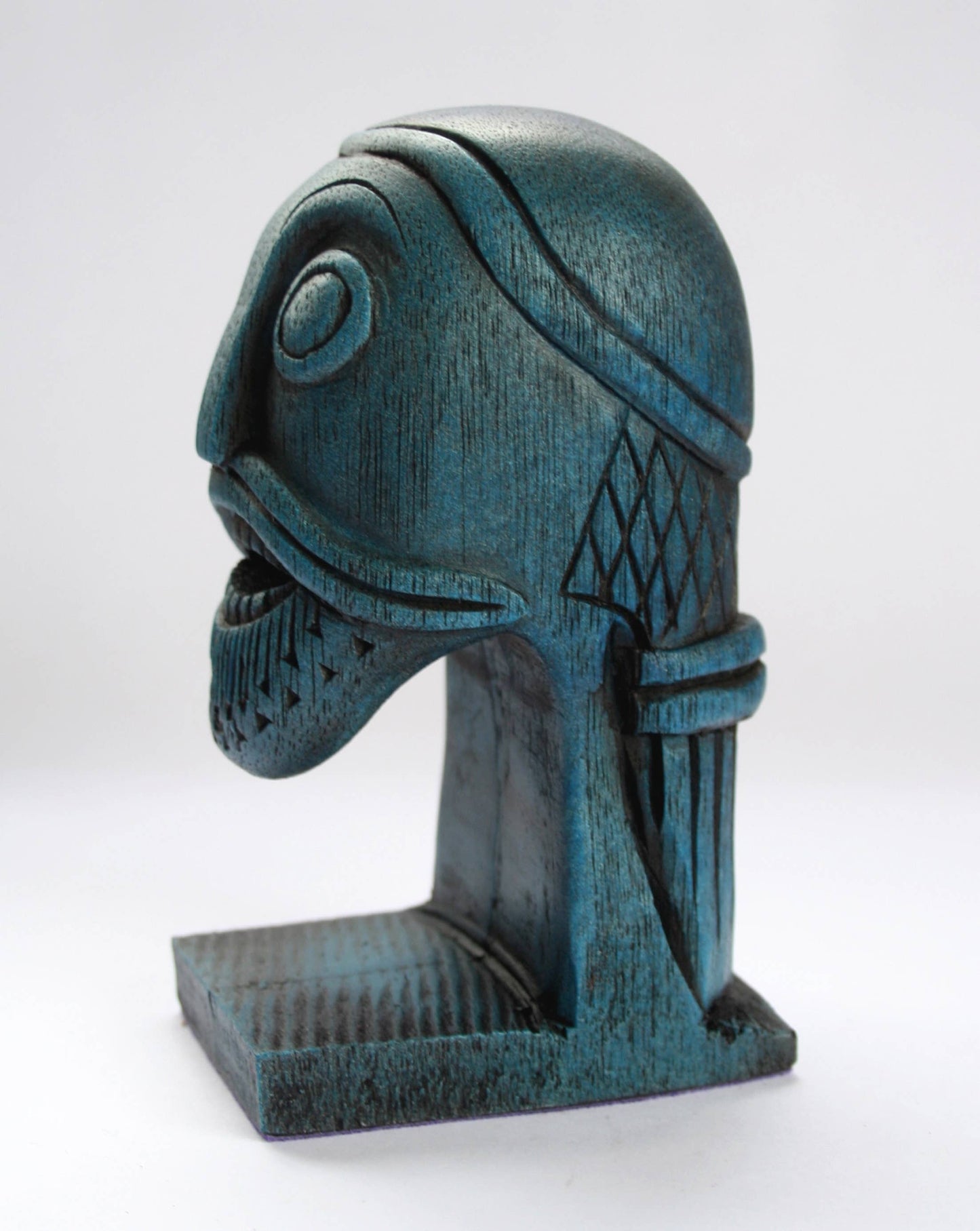 Blue Viking Head Oseberg Cart - Reproduction Norse Pagan Carving.