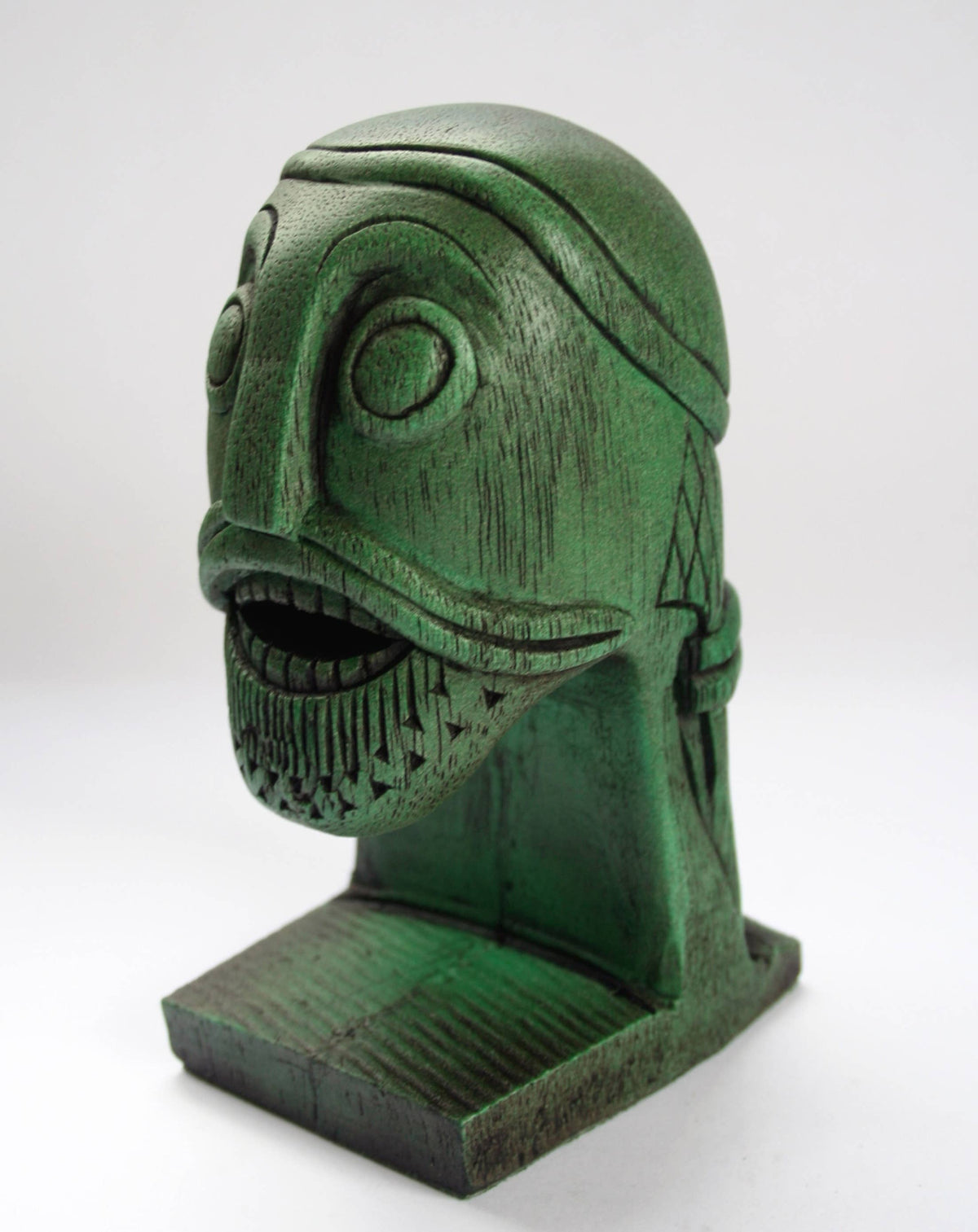 Green Viking Head Oseberg Cart - Reproduction Norse Pagan Carving.