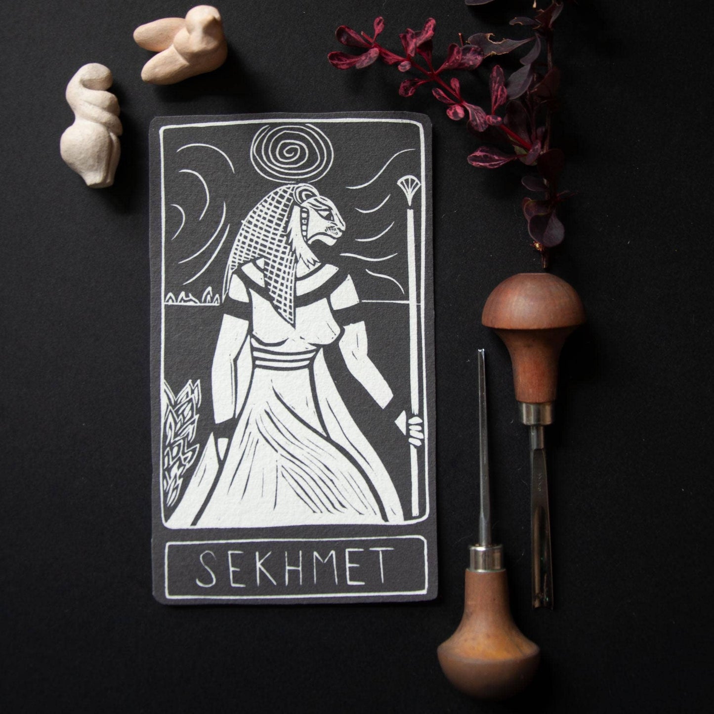 SEKHMET  ORACLE ALTAR CARD |  Linocut design