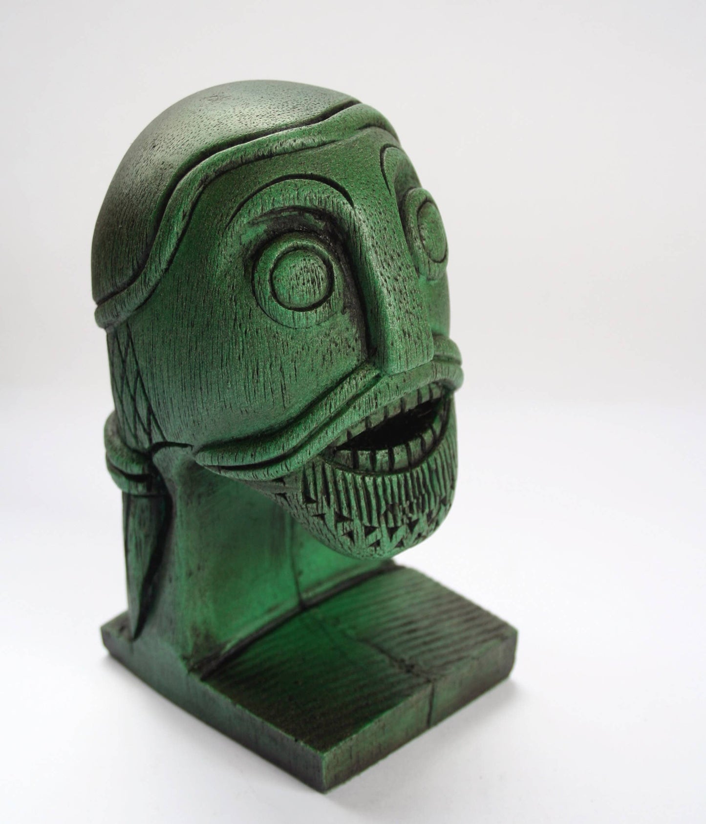 Green Viking Head Oseberg Cart - Reproduction Norse Pagan Carving.