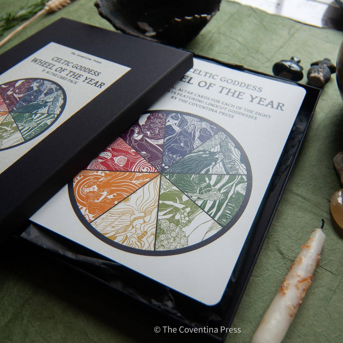 Celtic Goddess Wheel of the Year | 8 Sabbat Altar Cards | Linocut design