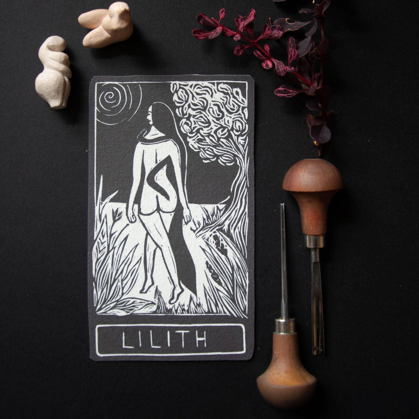 LILITH  ORACLE ALTAR CARD |  Linocut design