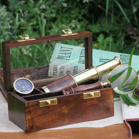 Nautical Box, Mini Telescope, Compass & Magnifying Glass