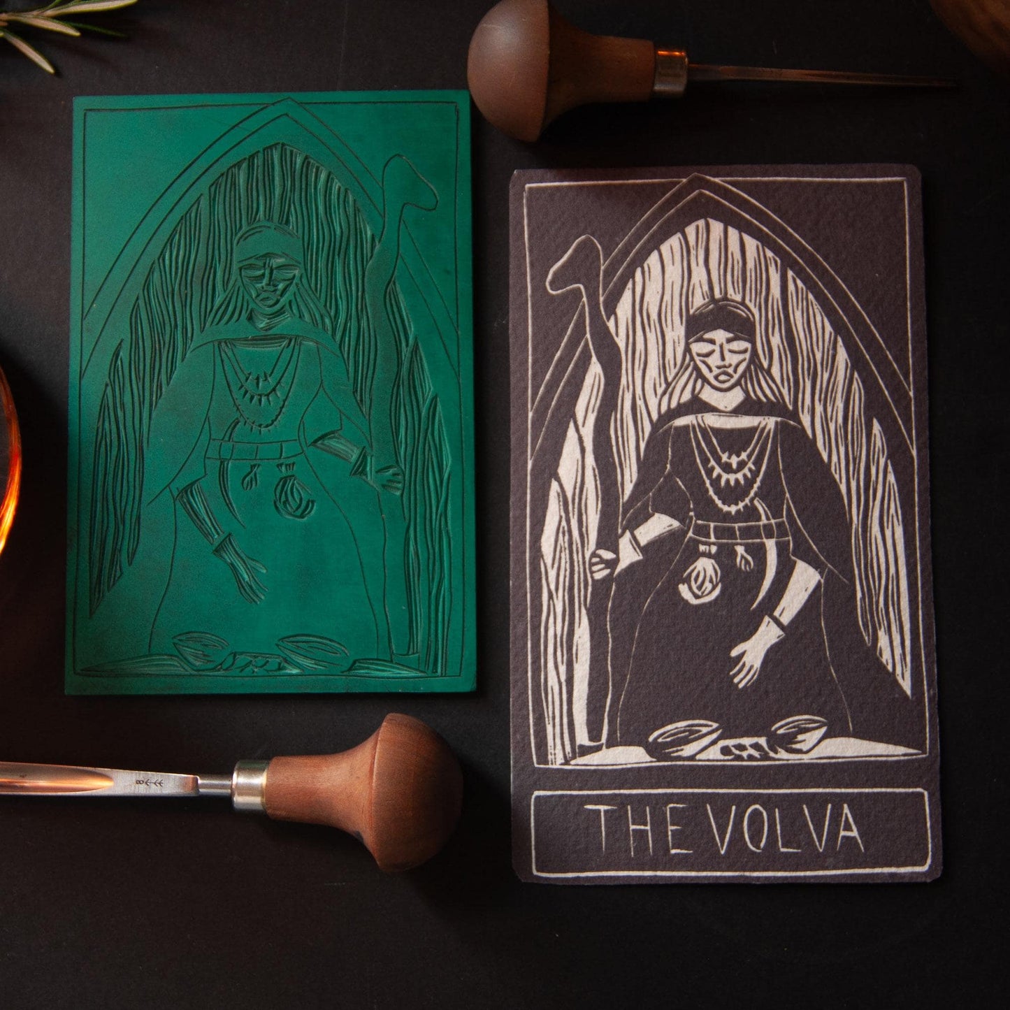 THE VOLVA | ORACLE ALTAR CARD | Linocut design