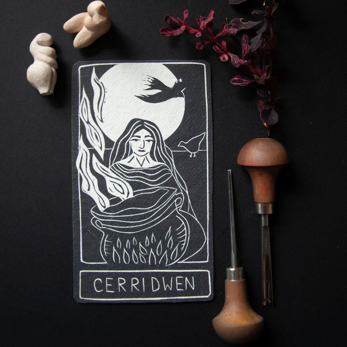 CERRIDWEN ORACLE  ALTAR CARD | Handmade linocut design