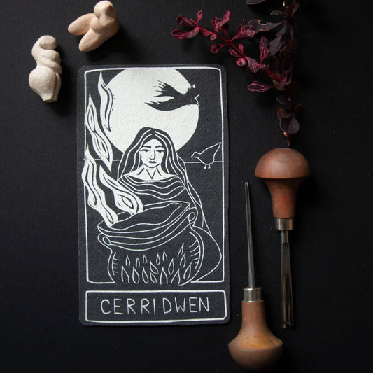 CERRIDWEN ORACLE  ALTAR CARD | Handmade linocut design