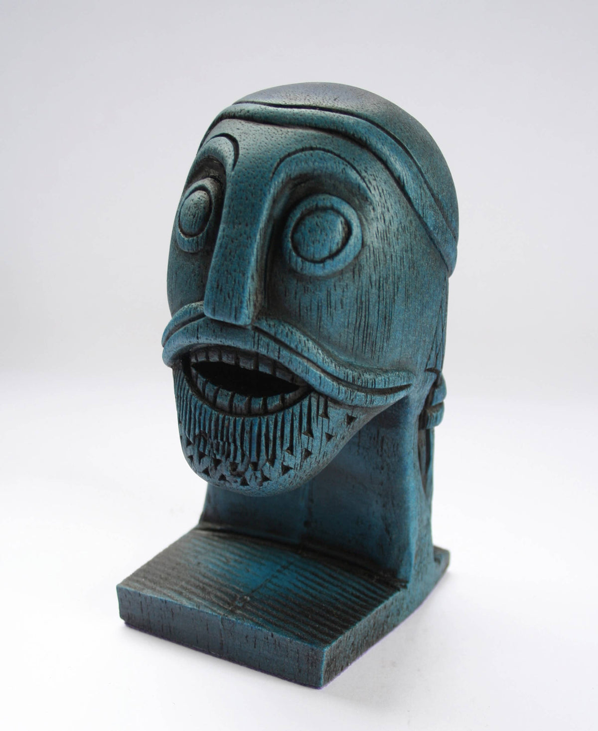 Blue Viking Head Oseberg Cart - Reproduction Norse Pagan Carving.