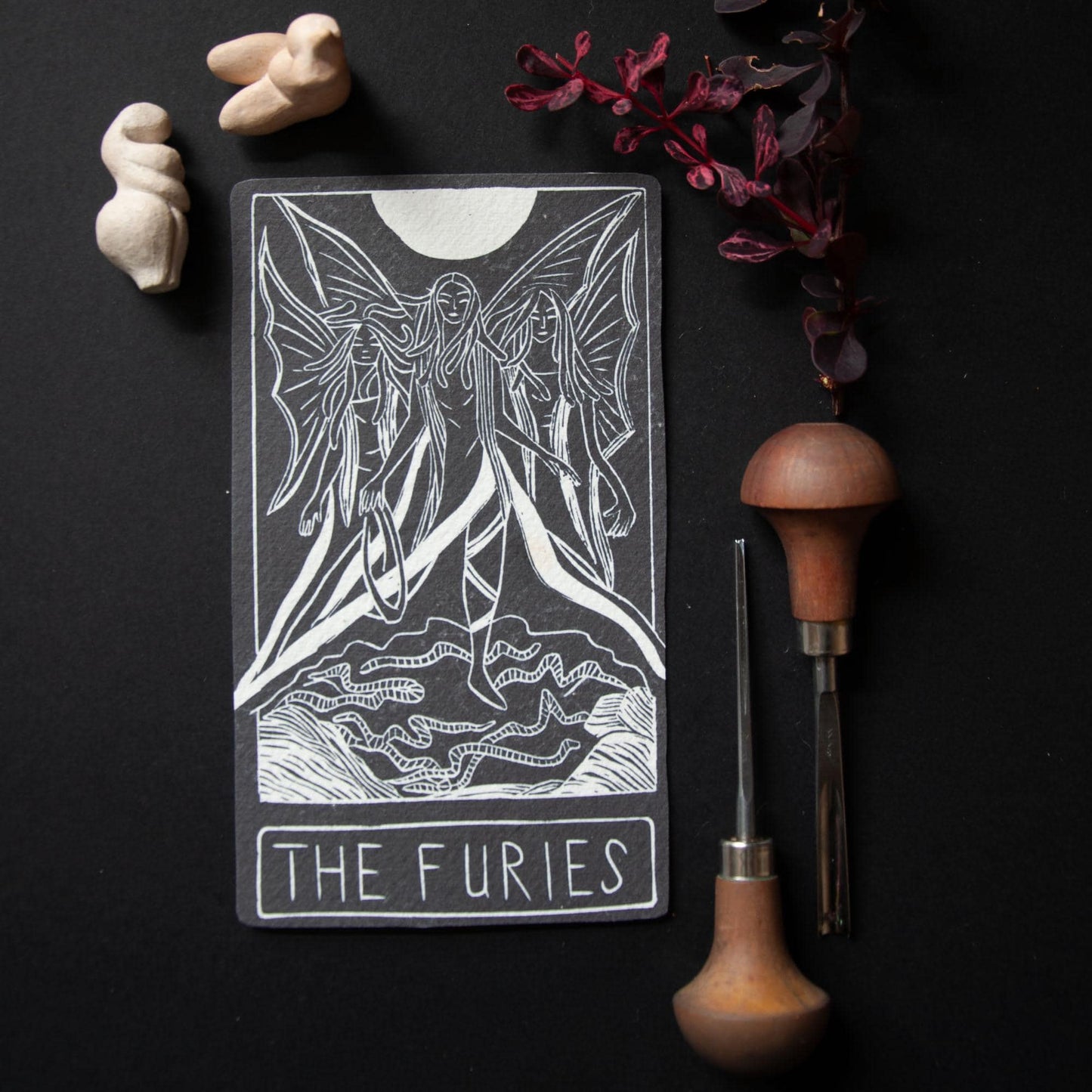 THE FURIES  ORACLE ALTAR  CARD | Linocut design