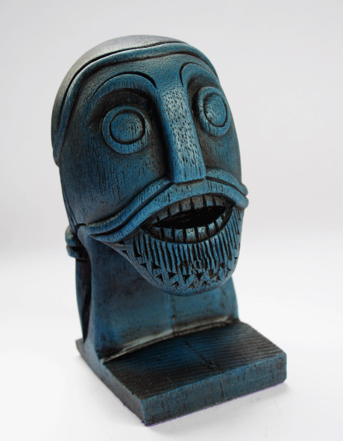 Blue Viking Head Oseberg Cart - Reproduction Norse Pagan Carving.