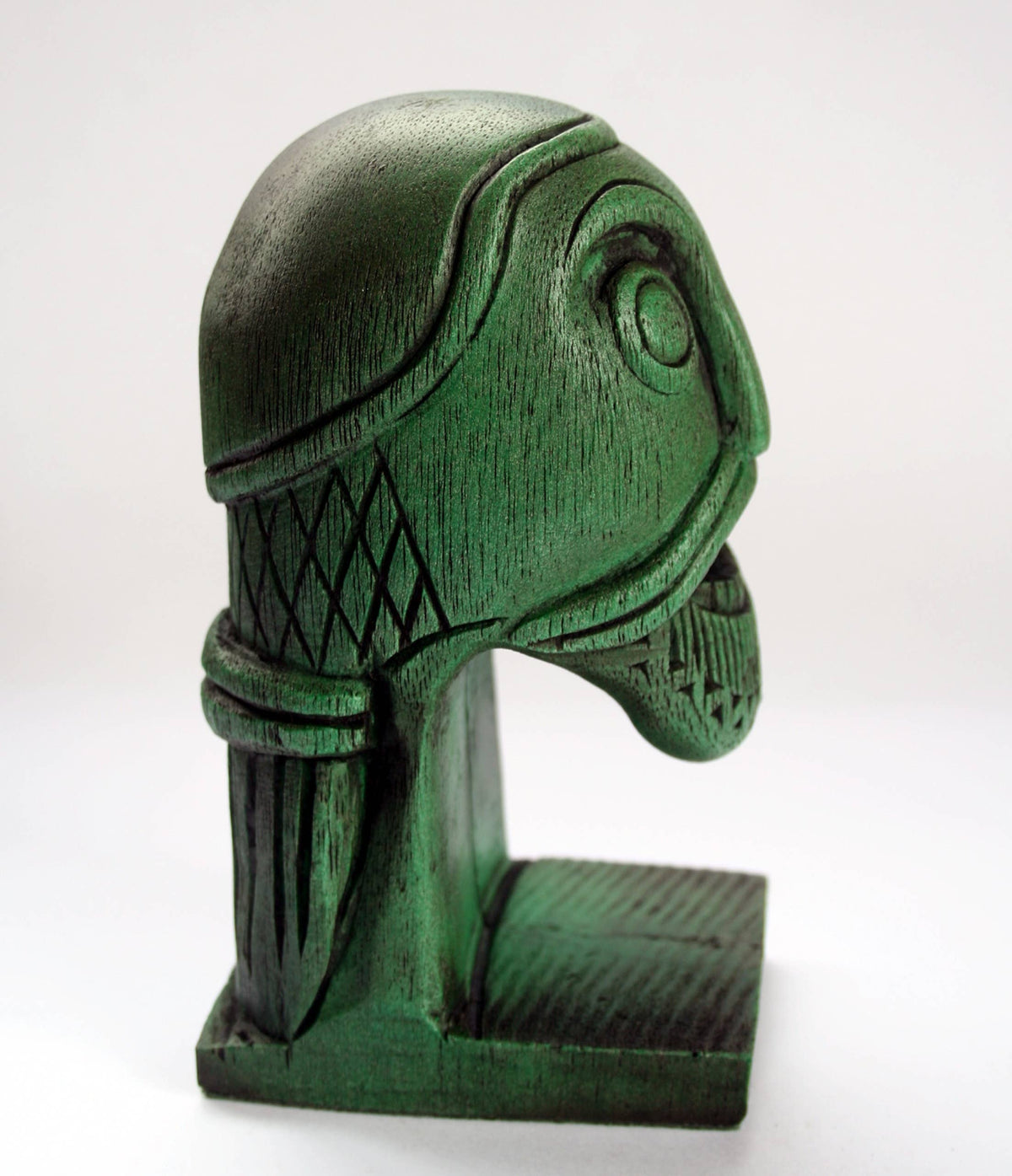 Green Viking Head Oseberg Cart - Reproduction Norse Pagan Carving.