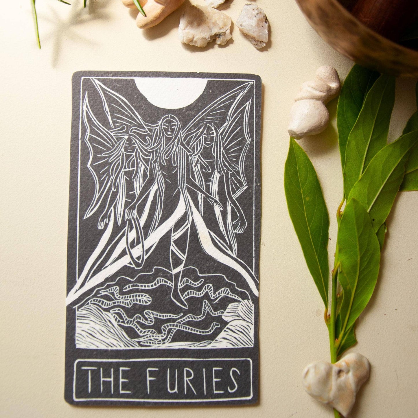 THE FURIES  ORACLE ALTAR  CARD | Linocut design
