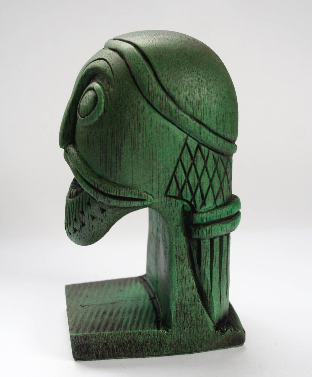 Green Viking Head Oseberg Cart - Reproduction Norse Pagan Carving.