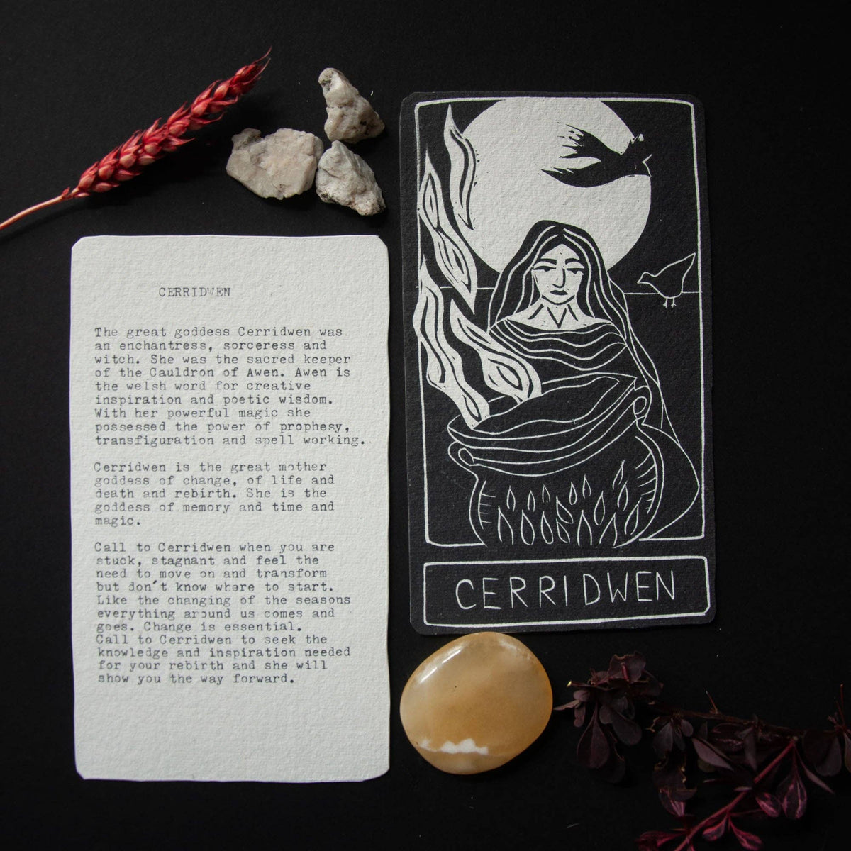 CERRIDWEN ORACLE  ALTAR CARD | Handmade linocut design