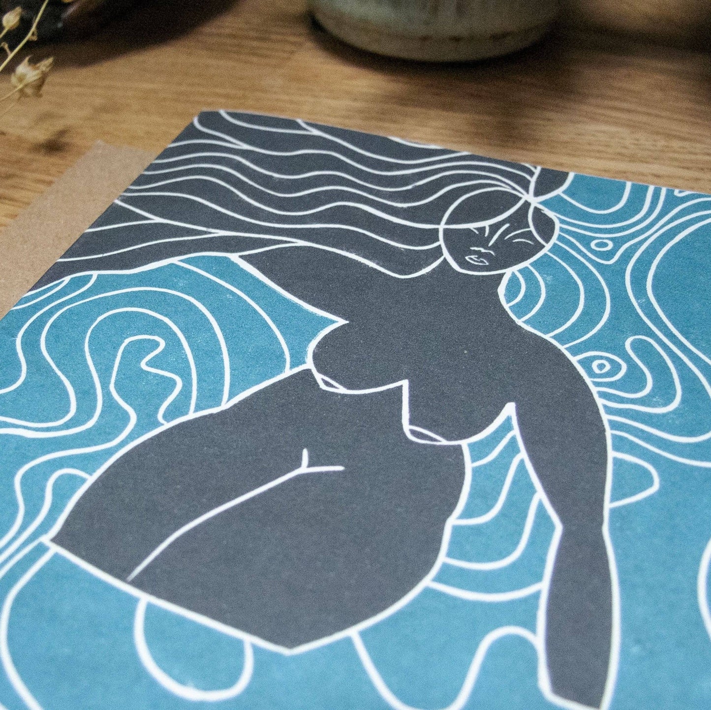 WATER SPIRIT GODDESS | Greeting card | Linocut design