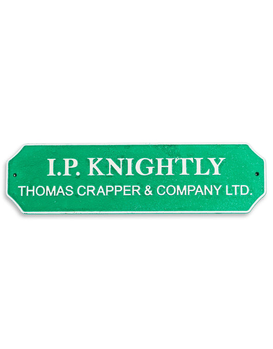 Green and White Cast Iron "I P Knightly" Wall Sign