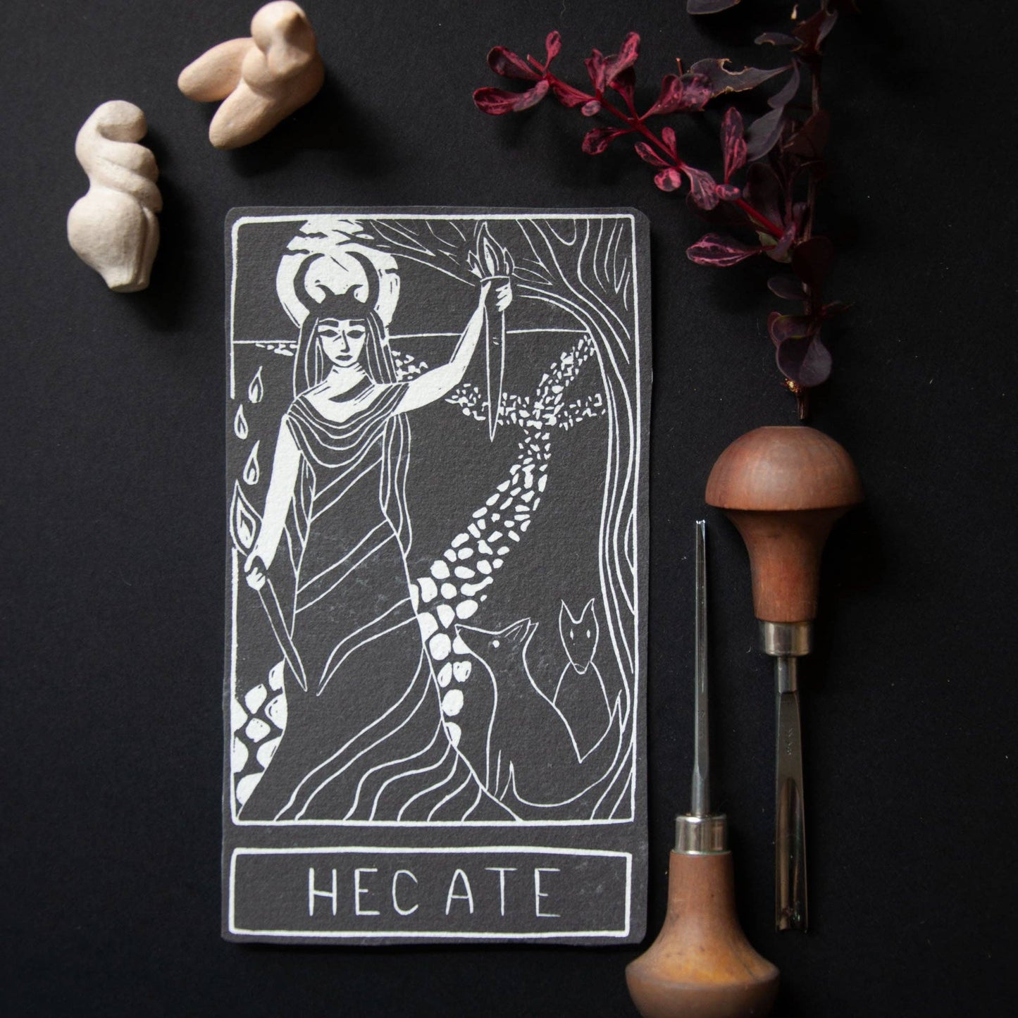 HECATE ORACLE ALTAR CARD | Linocut design.