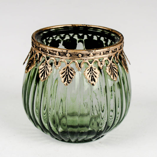 Ribbed Tea Light Candle Holder Green With Leaf Edge Small