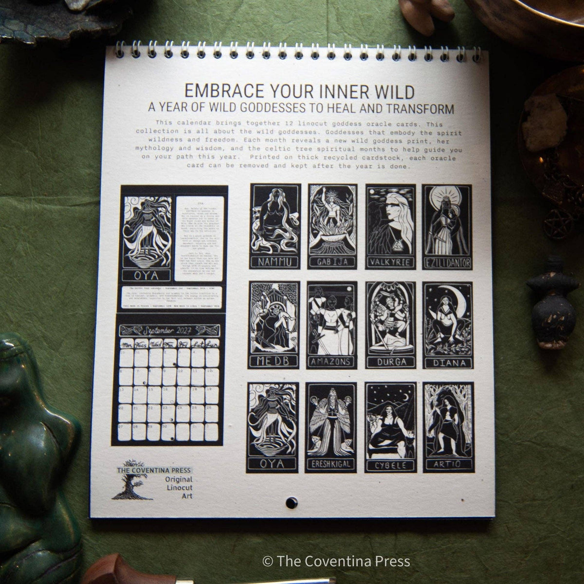 WYLD WOMEN Calendar 2027 | Original linocut art with goddess guidance and cut out oracle cards.
