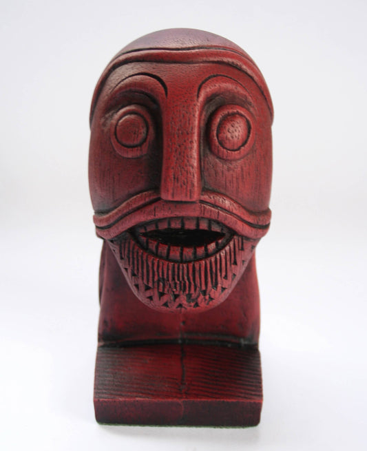 Red Viking Head Oseberg Cart - Reproduction Norse Pagan Carving.