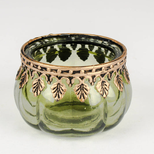 Glass Pumpkin Tea Light Candle Holder Green