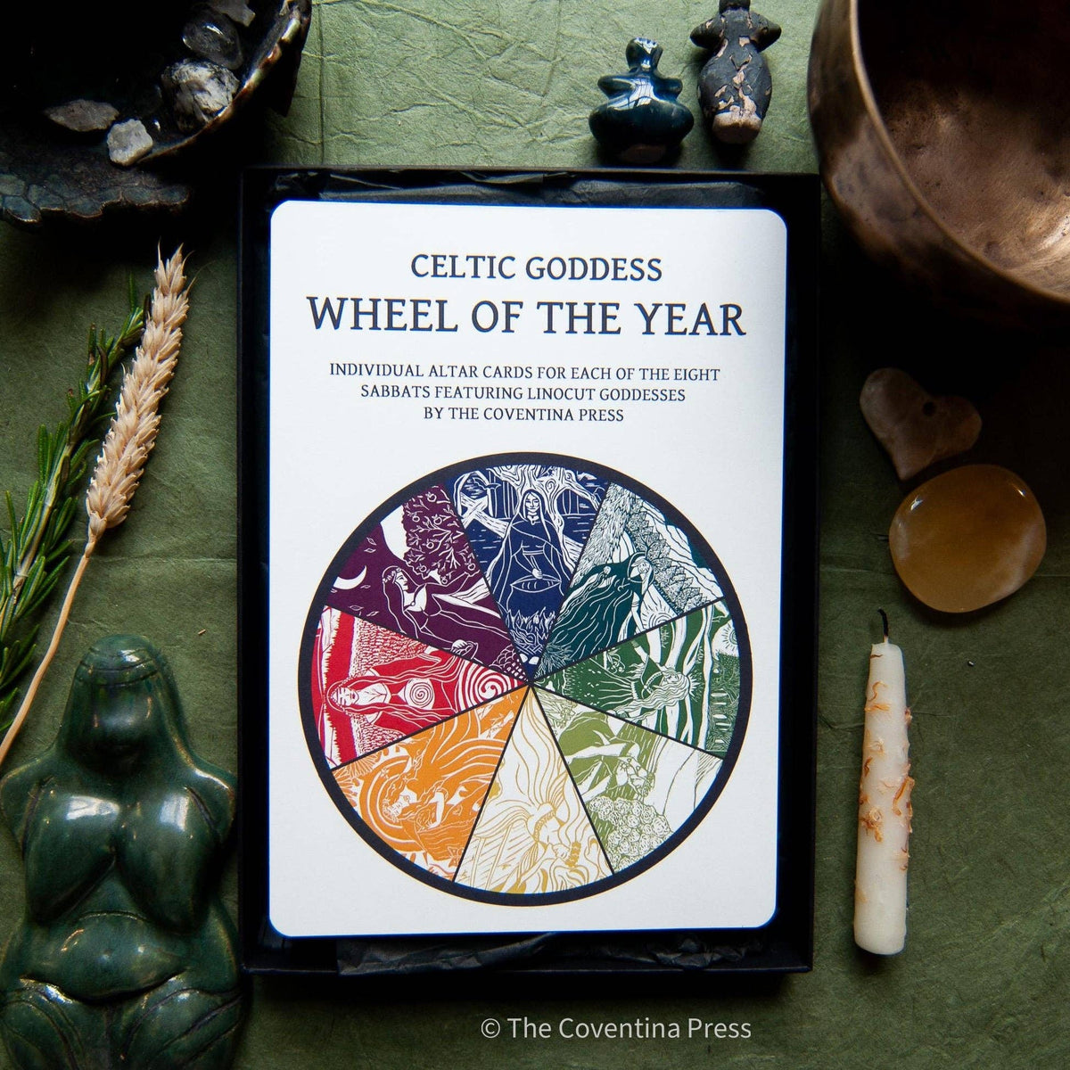 Celtic Goddess Wheel of the Year | 8 Sabbat Altar Cards | Linocut design
