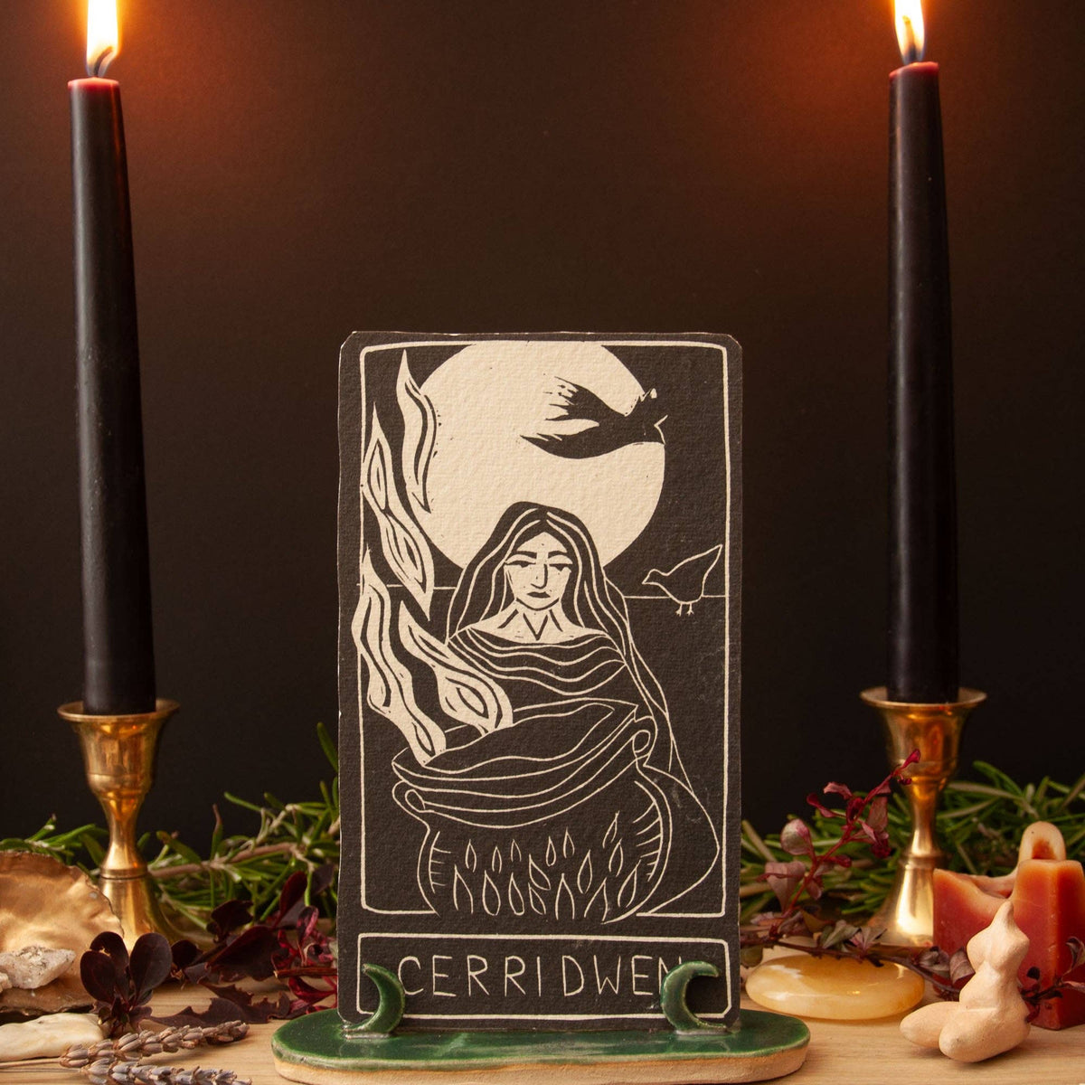 CERRIDWEN ORACLE  ALTAR CARD | Handmade linocut design