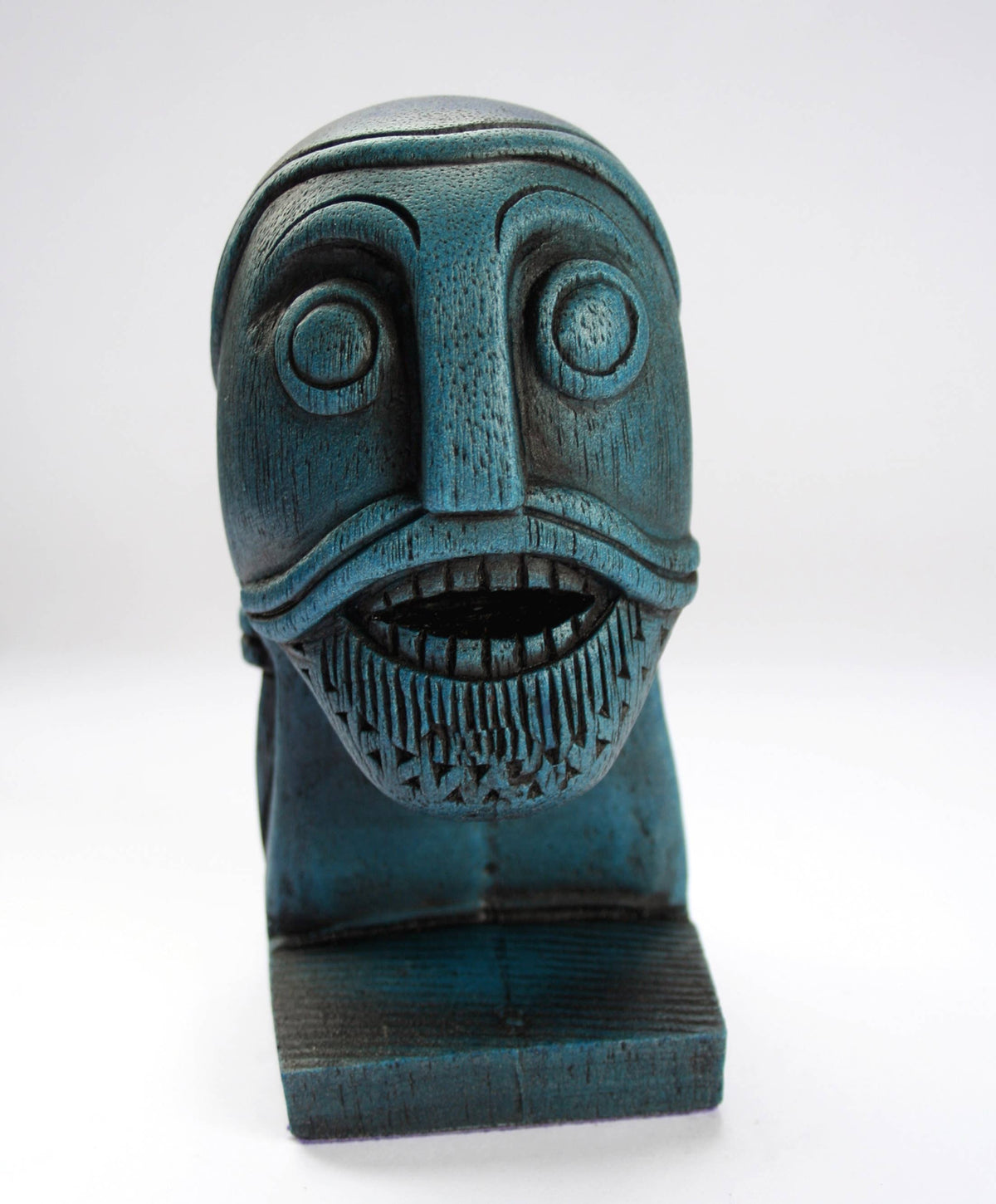 Blue Viking Head Oseberg Cart - Reproduction Norse Pagan Carving.