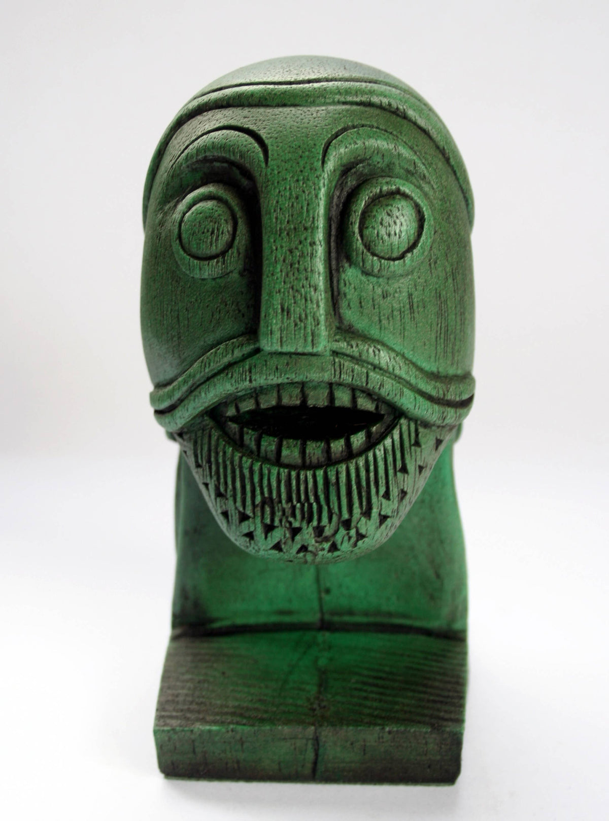 Green Viking Head Oseberg Cart - Reproduction Norse Pagan Carving.