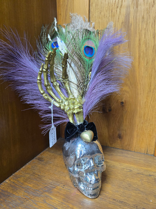 Small Silver Skull with Feathers by Oddly Harriet