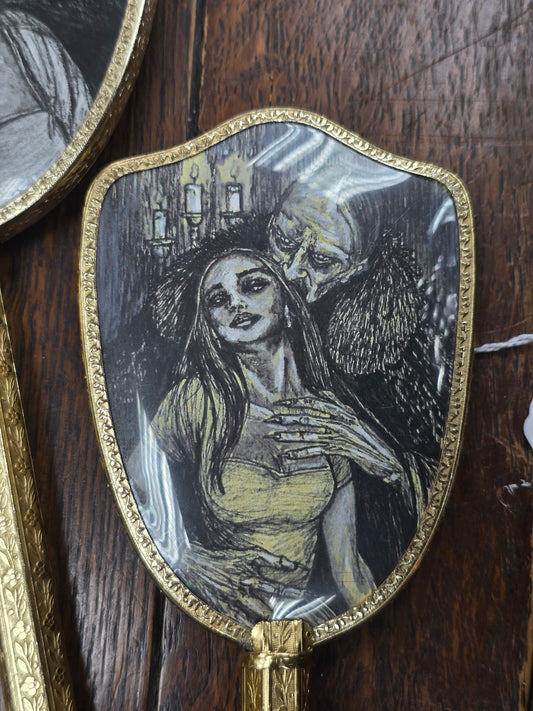 Upcycled hand mirror featuring 'Nosferatu' by Oddly Harriet